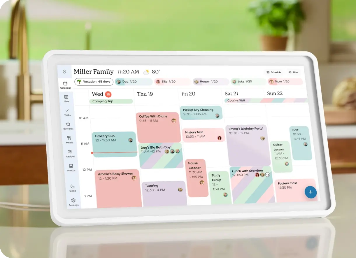 Skylight Calendar 15" on a countertop with a plant and bookcase in the background