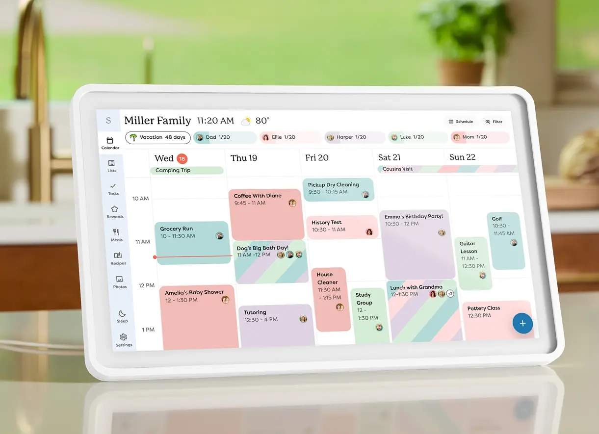 Skylight Calendar 15" on a countertop with a plant and bookcase in the background