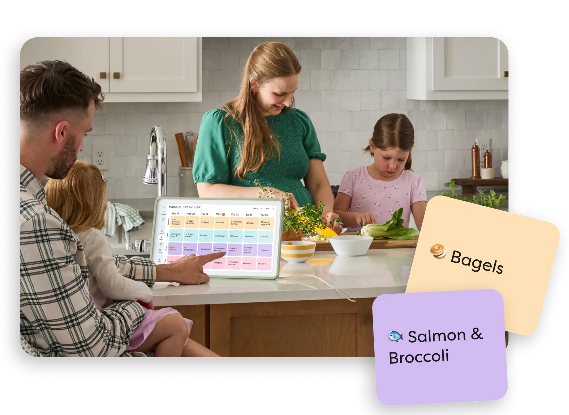 Family adding meals like Homemade Pizza and Breakfast Burritos to the Skylight Calendar's Meal Plan view.